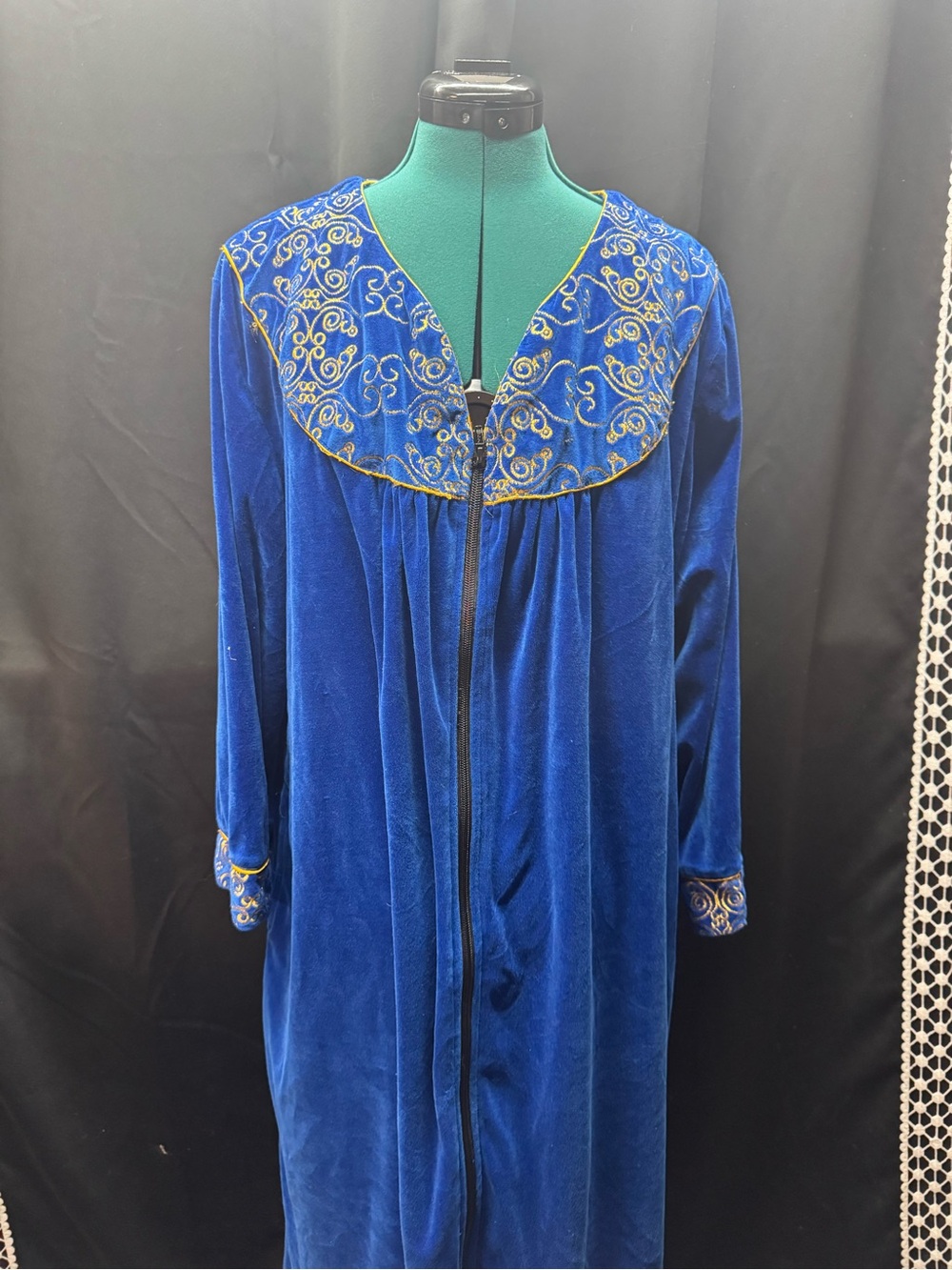 Blue Velvet Zip-Front Robe with Gold Embroidered Collar